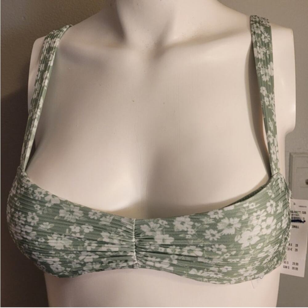 NWT Hollister Floral Bikini Top XS Lime Green Ribbed Demi Cup Coquette Swim